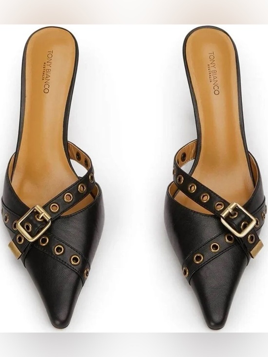 Tony Bianco Shoes - Tony Bianco Black Pointed Slip-On Mules with Gold Eyelet Straps